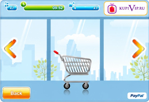 English-localised PayPal game showing a shopping trolley and controls